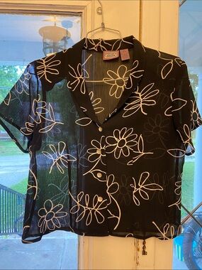 Vintage 90s Premier Designs for Ladies International Sheer Floral Black Blouse